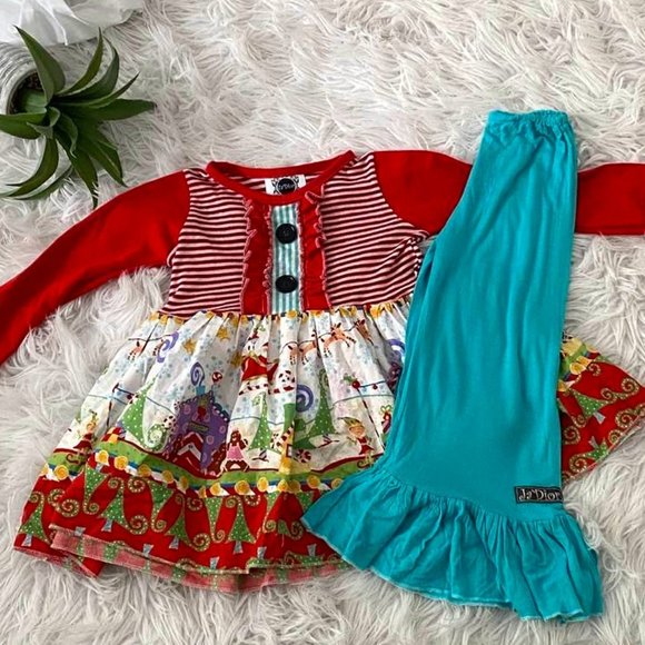 Girls Christmas Holiday Babydoll Tunic Top Big Ruffle Pant Set Size 5 6